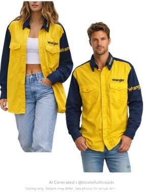 Colorblock Western Workwear Shirt Yellow Navy Cowboy Utility Oversized L